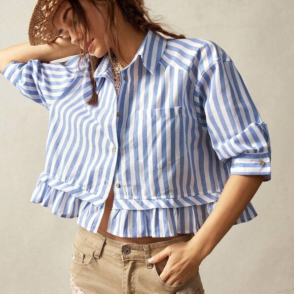 Blue white Casual Women's Vacation Striped Collared 3/4 Sleeve Ruffle top - Picture 7 of 7